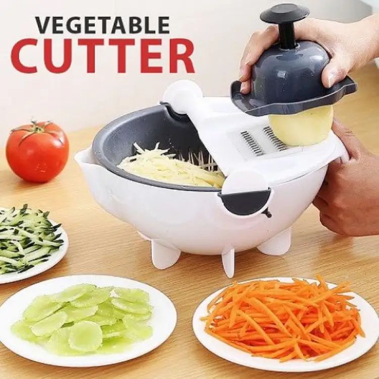 9 in 1 Multifunction Kitchen Vegetable Cutter with Drain Basket – Slicer, Shredder & Safety Guard | ALL BAZAR