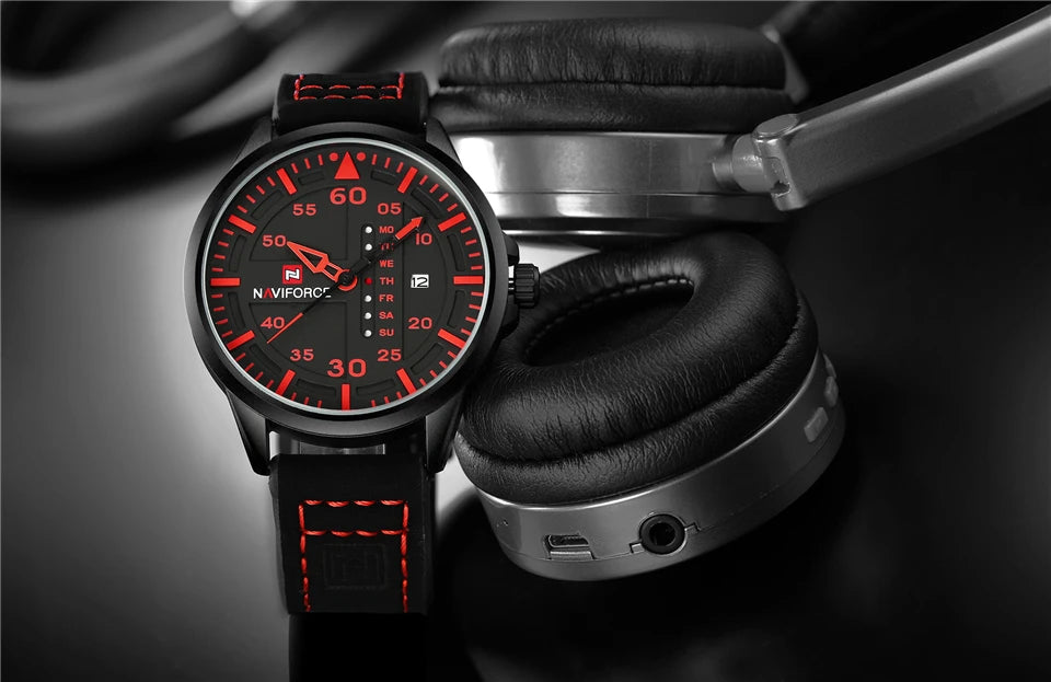 NAVIFORCE Waterproof Military Quartz Watch with Red Leather Strap – White | ALL BAZAR