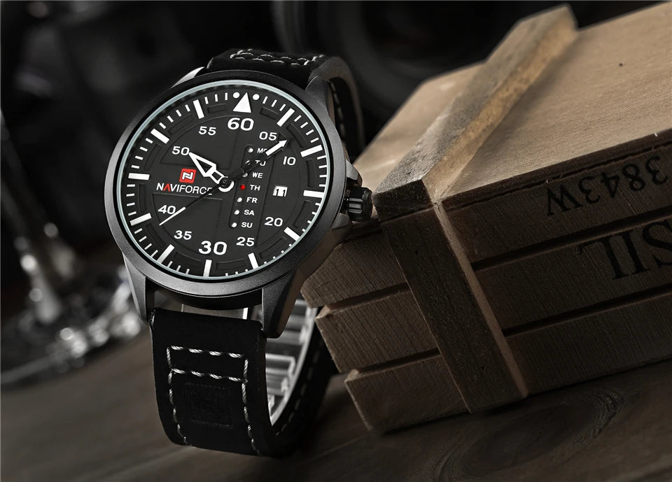 NAVIFORCE Waterproof Military Quartz Watch with Leather Strap – White | ALL BAZAR