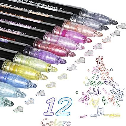 12-Color Shimmer Outline Markers for Kids – Double Line Glitter Pens | ALL BAZAR