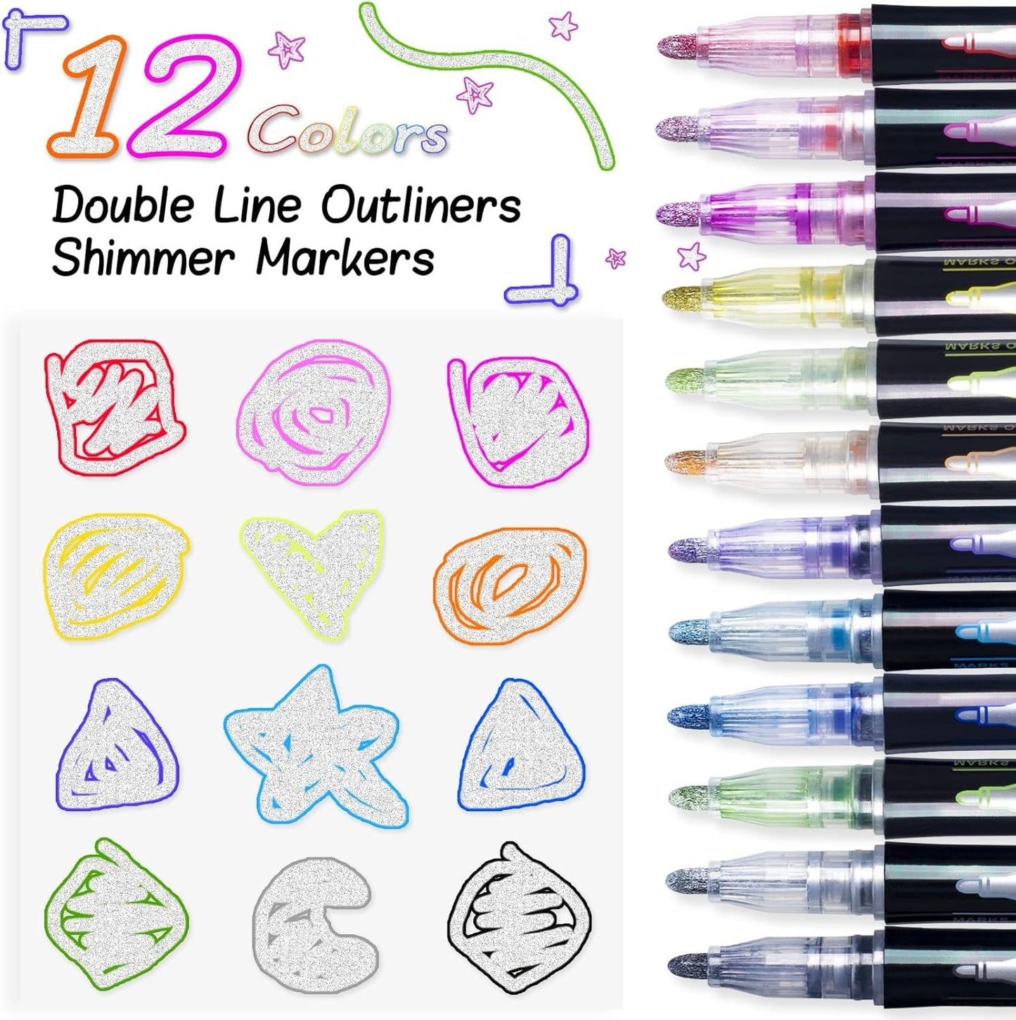 12-Color Shimmer Outline Markers for Kids – Double Line Glitter Pens | ALL BAZAR