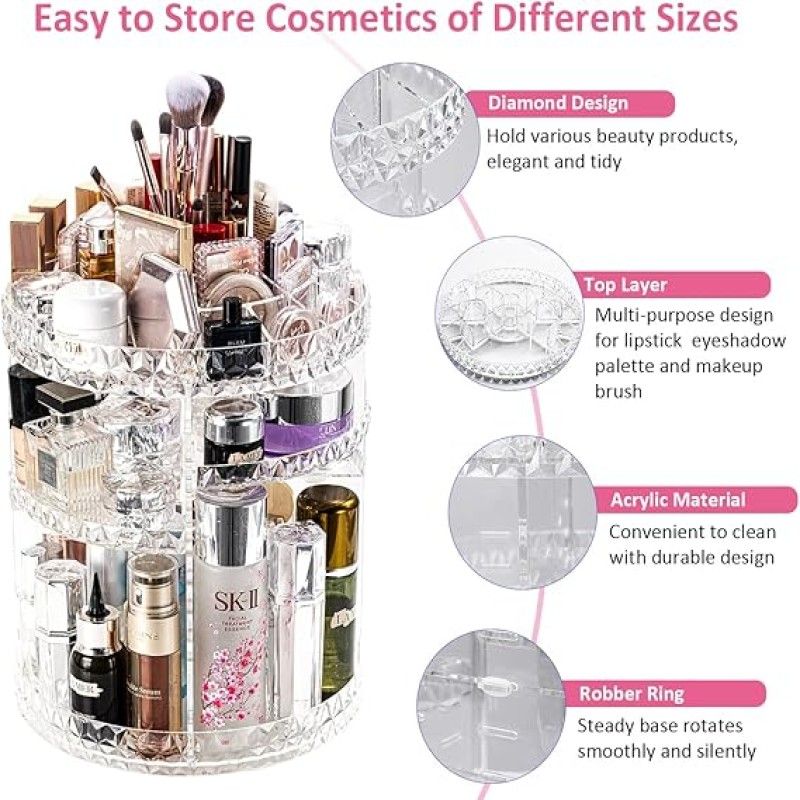 360° Rotating Diamond Cut Makeup Organizer – Adjustable Acrylic Cosmetic Storage | ALL BAZAR