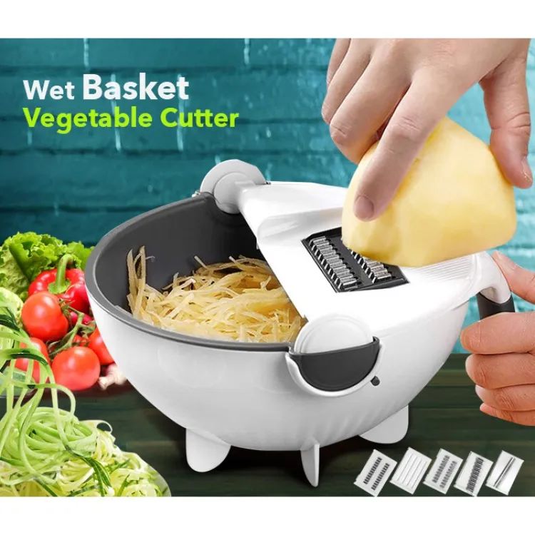 9 in 1 Multifunction Kitchen Vegetable Cutter with Drain Basket – Slicer, Shredder & Safety Guard | ALL BAZAR
