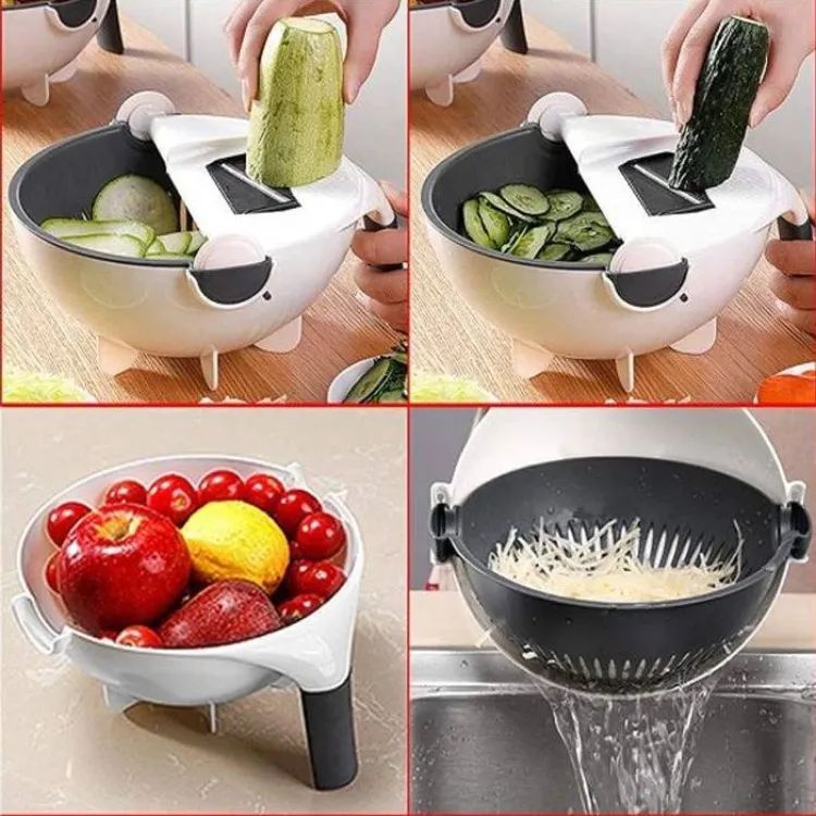 9 in 1 Multifunction Kitchen Vegetable Cutter with Drain Basket – Slicer, Shredder & Safety Guard | ALL BAZAR