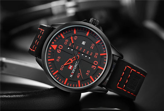 NAVIFORCE Waterproof Military Quartz Watch with Red  Leather Strap – White | ALL BAZAR