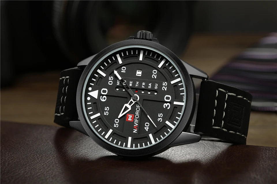 NAVIFORCE Waterproof Military Quartz Watch with Leather Strap – White | ALL BAZAR