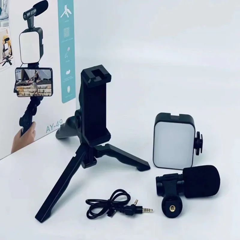 AY-49 Vlogging Kit with Fill Light, Tripod & Microphone – Mobile Selfie Stick for Video & Live Streaming | ALL BAZAR