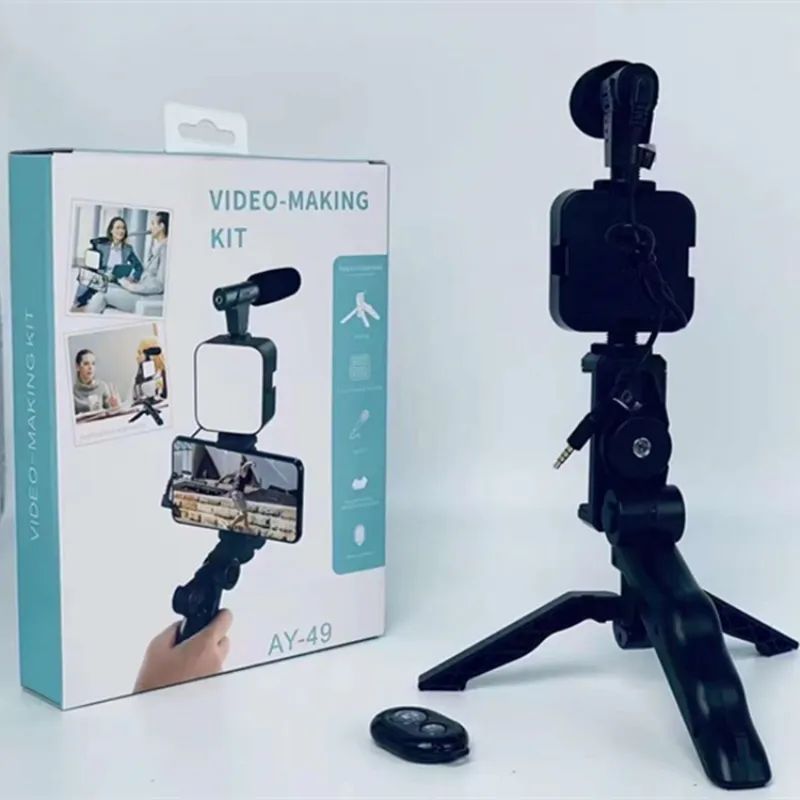 AY-49 Vlogging Kit with Fill Light, Tripod & Microphone – Mobile Selfie Stick for Video & Live Streaming | ALL BAZAR